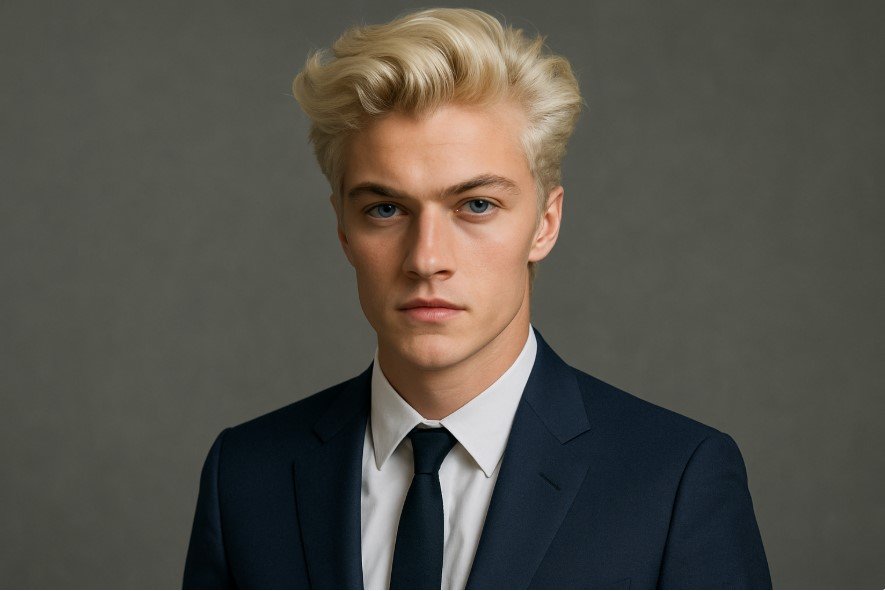 Lucky Blue Smith posing in a navy blue suit and tie against a gray background, showcasing his platinum blond hair and striking blue eyes in a professional 2025 portrait.